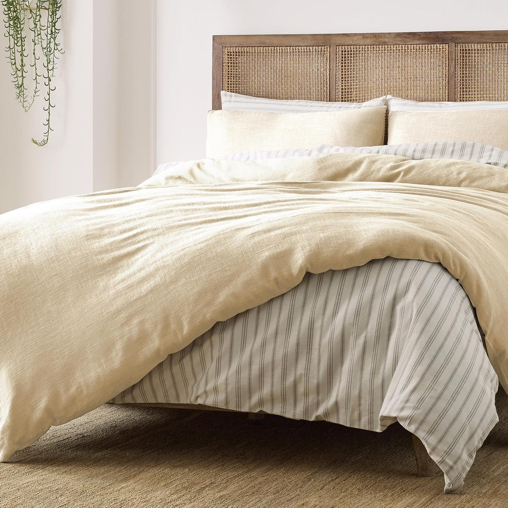 Blue Loom Duvet 100% Cotton Set, 3 Piece, Stone Washed Duvet Set Full/Queen Size 92' x 90' with 2 Matching Pillow Shams, Comforter Not Included, Vivie - Undyed Beige