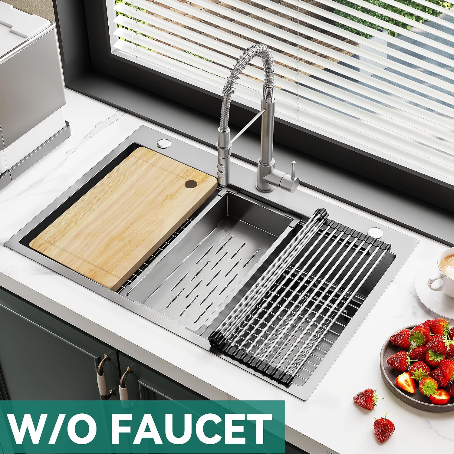 YITAHOME Drop In Kitchen Sink Workstation 33in, 304 Stainless Steel Single Bowl Top Mount Sink w/Ledge & Accessories, Honeycomb Surface Design, 33 x 22 x 10 in, Silver