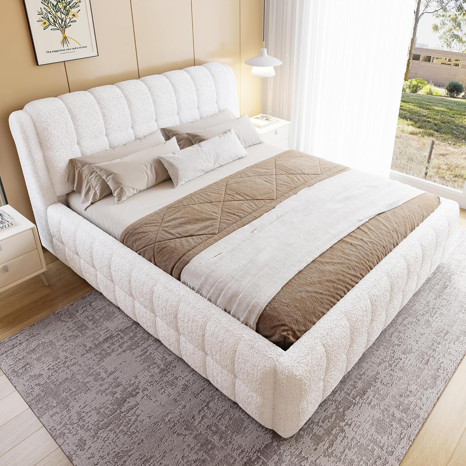 GDFStudio California King Size Upholstered Platform Bed, Boucle Bed Frame with Foam Headboard, Wood Slat Support for King Mattress, Modern Platform Bed for Master Bedroom, No Box Spring Needed, White