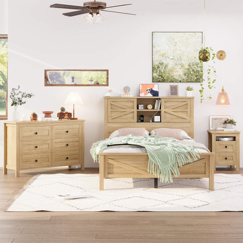 Full Size 3PCS Bedroom Sets, Platform Bed Frame with Double Sliding Door Storage Headboard and USB, 3-Pieces Bedroom Sets with Cabinet and Nightstands, Kids Adults, Natural