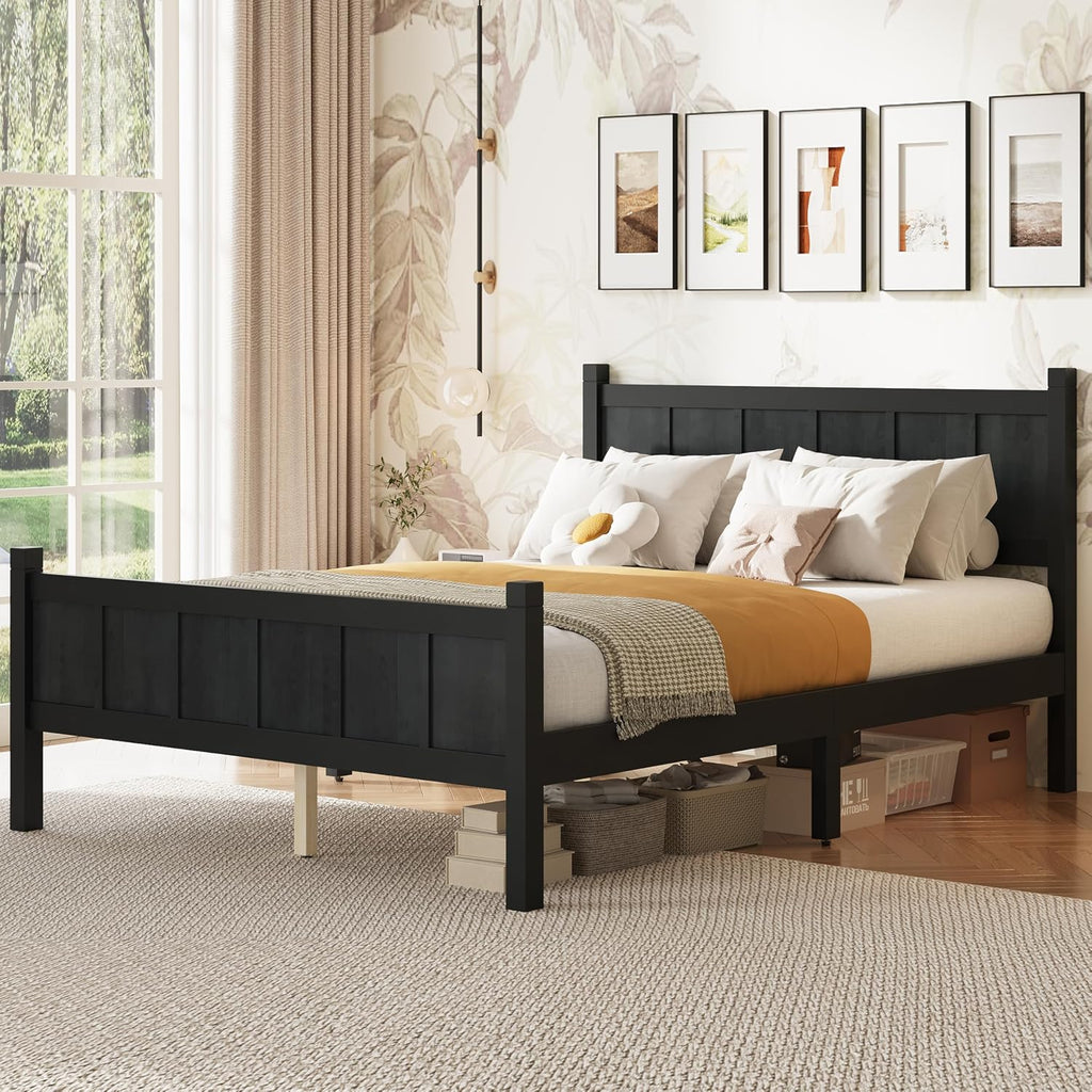 Full Size Flat Panel Bed with Headboard & Footboard, Minimalist Modern Platform Bed with Wood Grain Finish, Shaker & Farmhouse, 11.5' Under-Bed Storage, Sleek & Functional (Black3, Full)