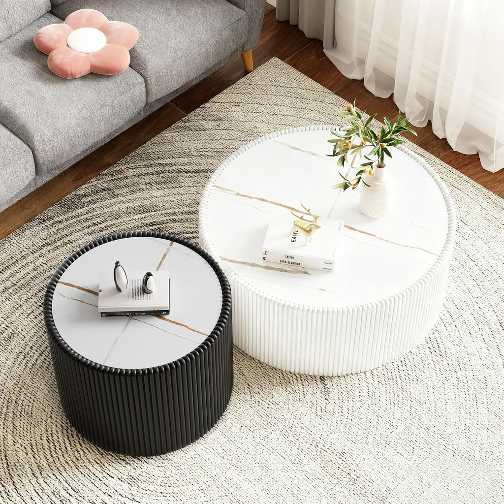 Round Coffee Table Set, 29.52' White Drum Center Table and 17.71' Black Coffee Table Set, 2 Pieces Living Room Table Set with Sintered Stone Tabletop, Fluted PU Leather Covered and Stable Base
