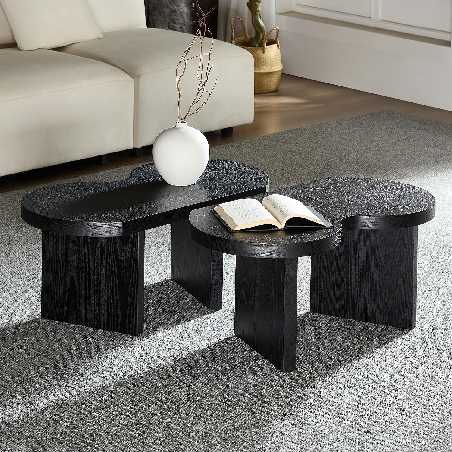 31.49' Nesting Coffee Table Set of 2 for Living Room, Couch/Bedroom Side, Unique Butterfly Shaped, Irregular Wood Fun Center Table for Small Space- Black