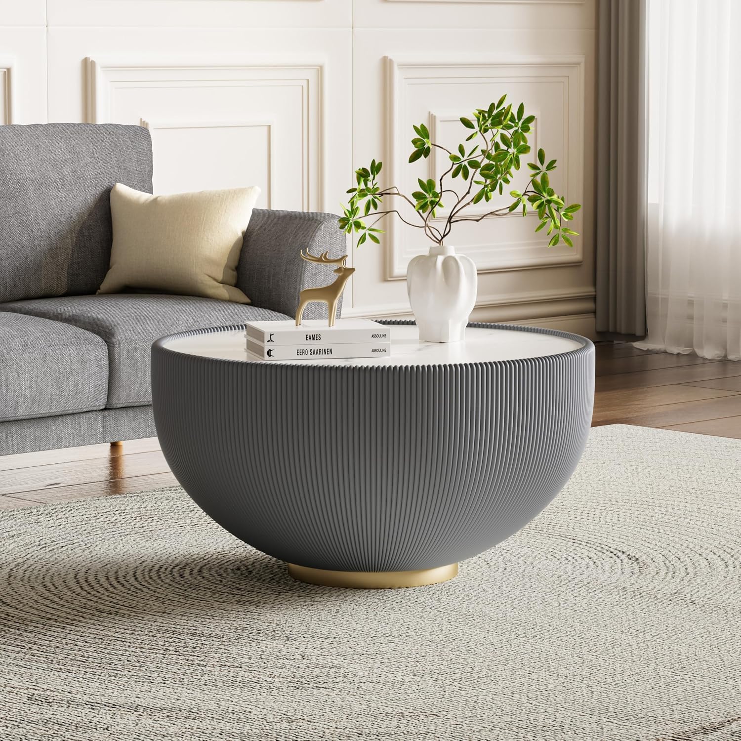 Round Living Room Table Set, 27.56' Grey Drum Center Table and 19.69' White Coffee Table Set, 2 Pieces Coffee Table Set with Sintered Stone Tabletop, Fluted PU Leather Covered and Metal Base