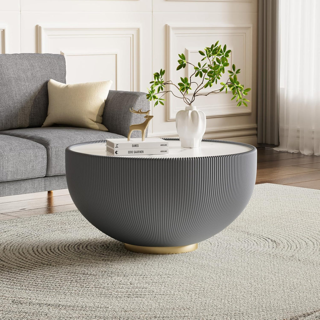 Grey Round Coffee Table, 27.56' Drum Coffee Table with Sintered Stone Tabletop and Fluted PU Leather Covered and Metal Base, Circle Cocktail Tea Table for Living Room