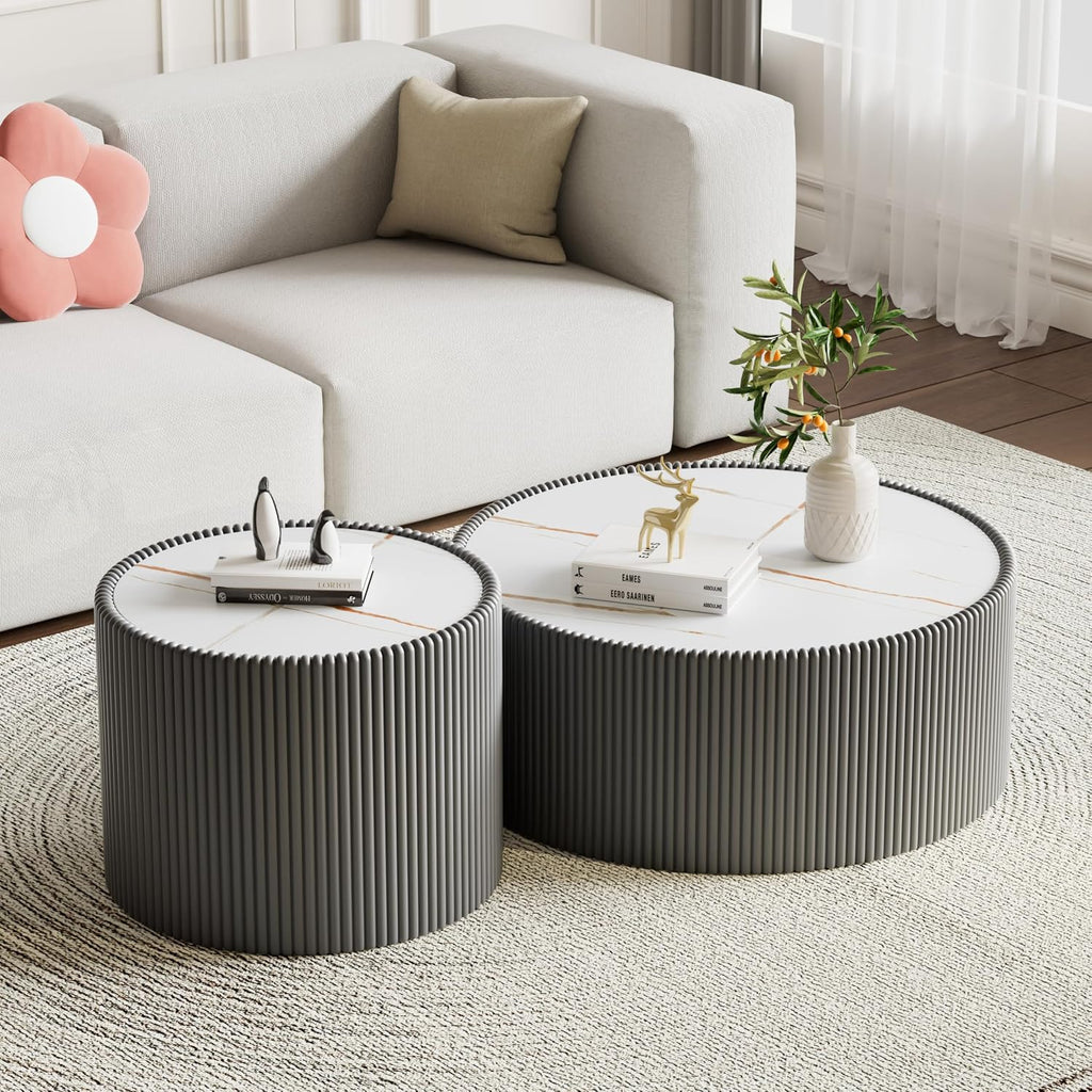 29.52' Grey Round Coffee Table, Drum Coffee Table with Sintered Stone Tabletop and Fluted PU Leather Covered and Stable Base, Circle Cocktail Tea Table for Living Room