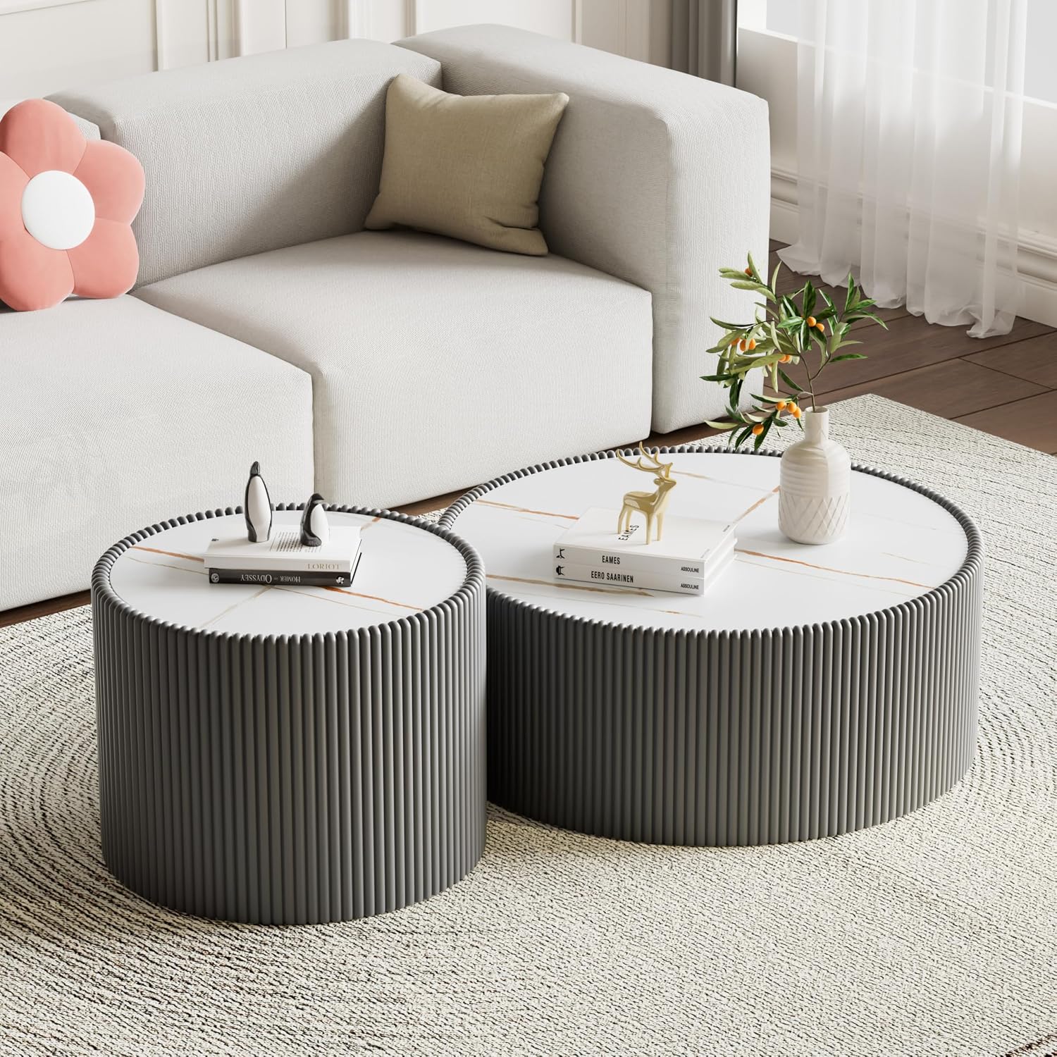 29.52' Grey Round Coffee Table, Drum Coffee Table with Sintered Stone Tabletop and Fluted PU Leather Covered and Stable Base, Circle Cocktail Tea Table for Living Room