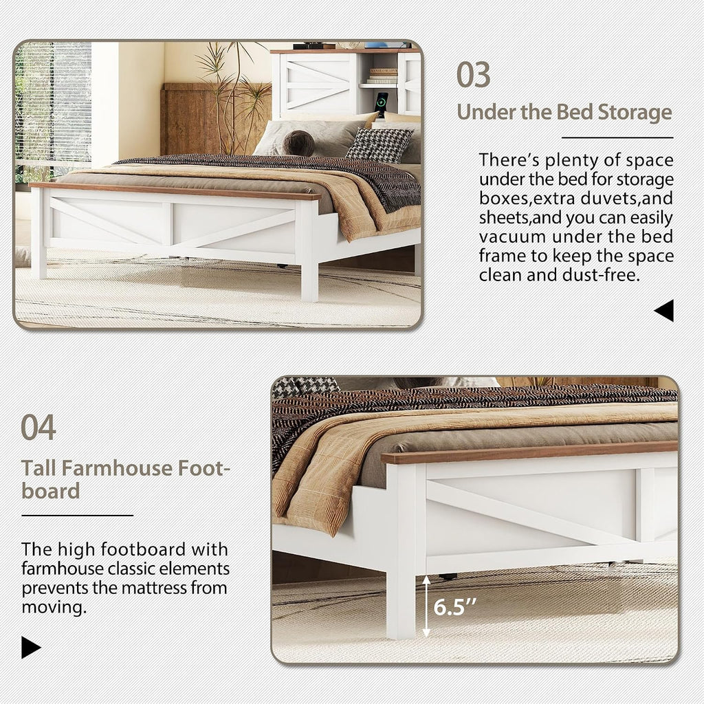 3PCS Bedroom Sets, Full Size Farmhouse Platform Bed with Double Sliding Door Storage Headboard, Cabinet & Nightstand, 3PCS Bedroom Sets with USB, for Kids, Adults, White