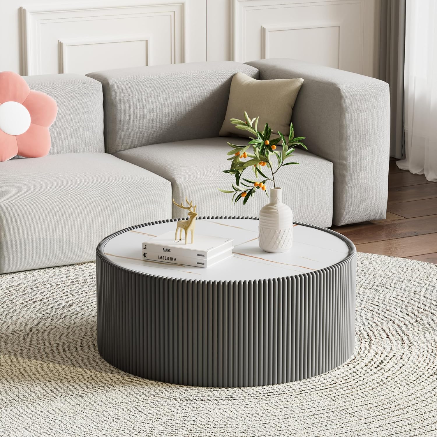 29.52' Grey Round Coffee Table, Drum Coffee Table with Sintered Stone Tabletop and Fluted PU Leather Covered and Stable Base, Circle Cocktail Tea Table for Living Room