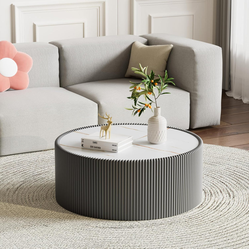 Round Living Room Table Set, 29.52' Grey Drum Center Table and 17.71' White Coffee Table Set, 2 Pieces Coffee Table Set with Sintered Stone Tabletop, Fluted PU Leather Covered and StableBase