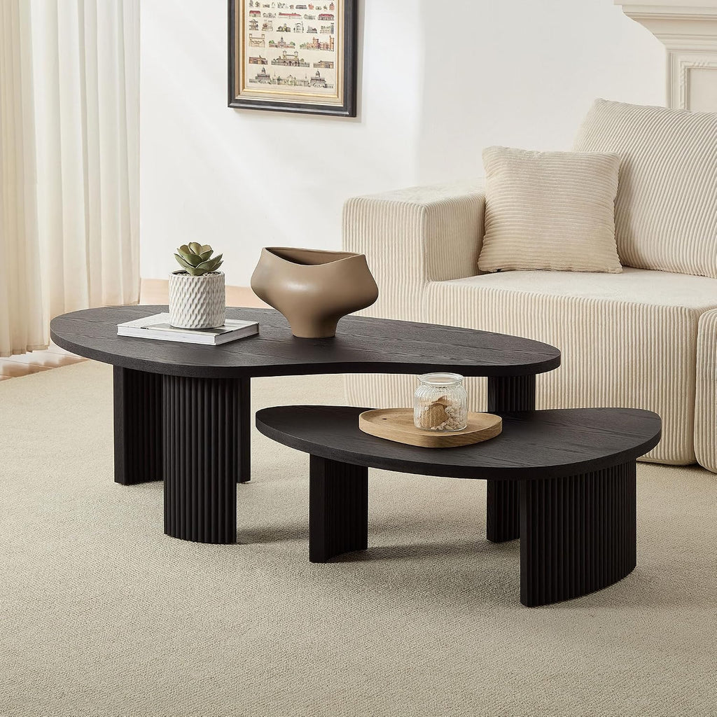 Modern Nesting Coffee Tables Set, 2-Piece Irregular Circle Wood Center Tables Unique End Side Table for Living Room Office, Fluted Legs Easy Assembly - Black