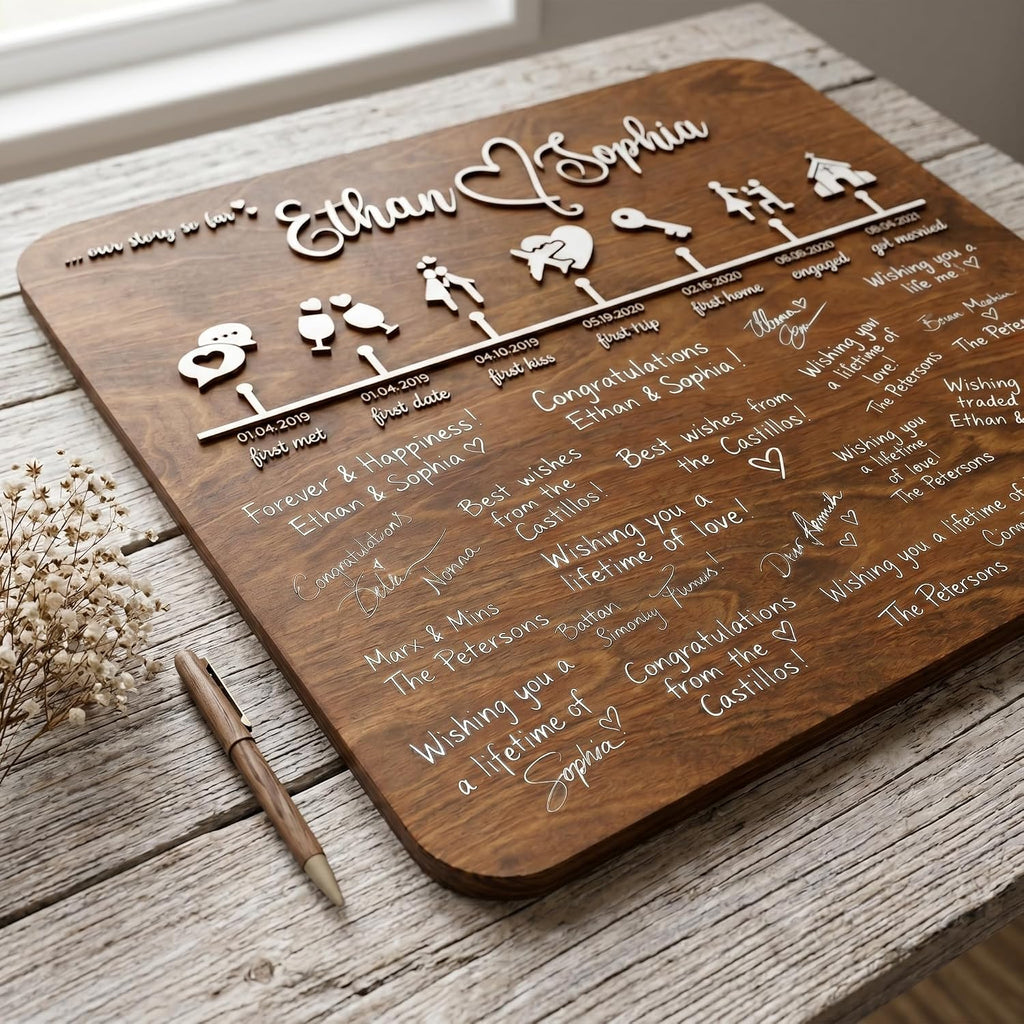 Personalized Wedding Guest Book Alternative Wood Sign – Custom 3D Love Story Timeline with Icons, Rustic Birch Wooden Guestbook for Reception & Wall Decor Keepsake – Includes Marker & Hanging Hardware