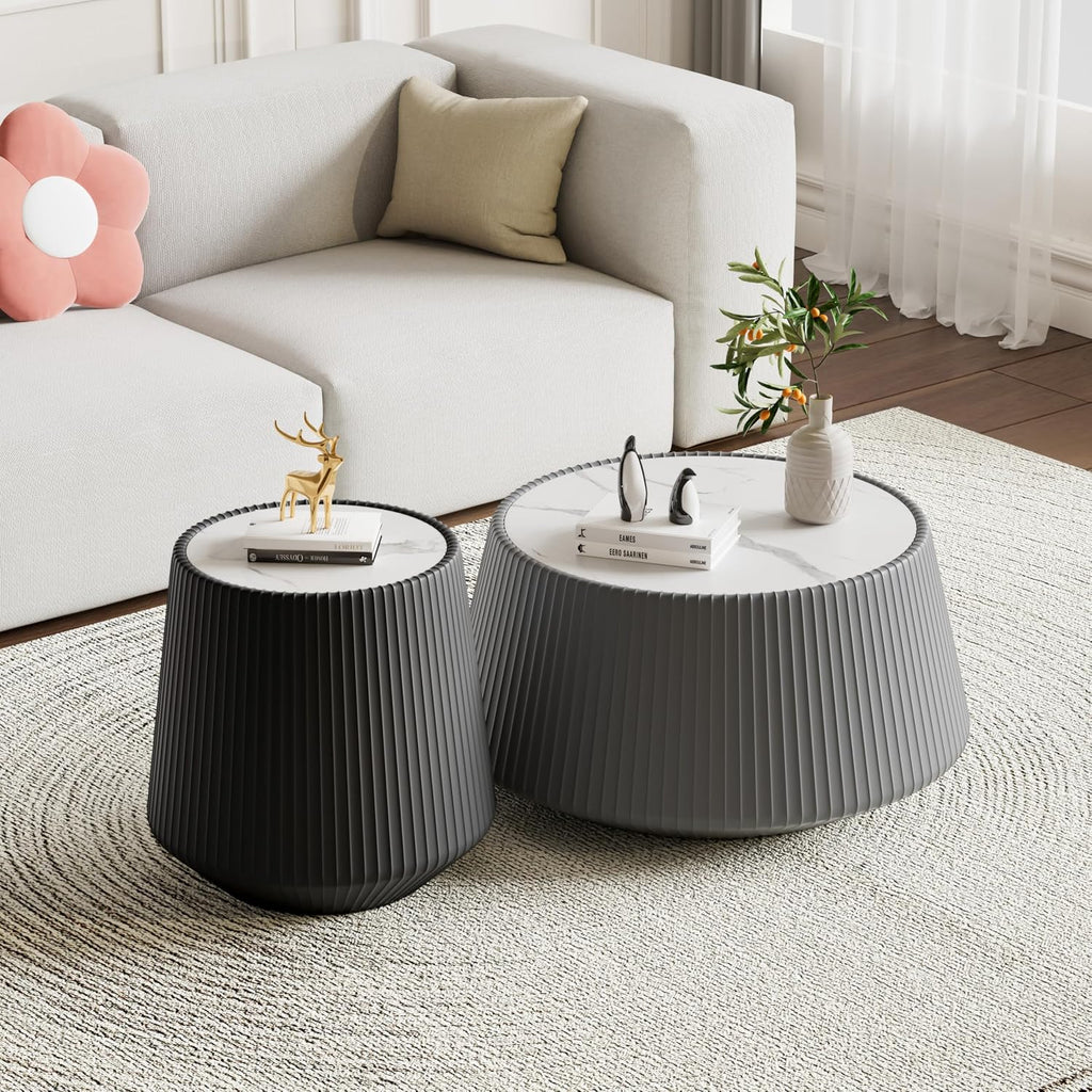 Round Living Room Table Set, 26.77' Grey Drum Center Table and 19.68' Black Coffee Table Set, 2 Pieces Coffee Table Set with Sintered Stone Tabletop, Fluted PU Leather Covered and Stable Base