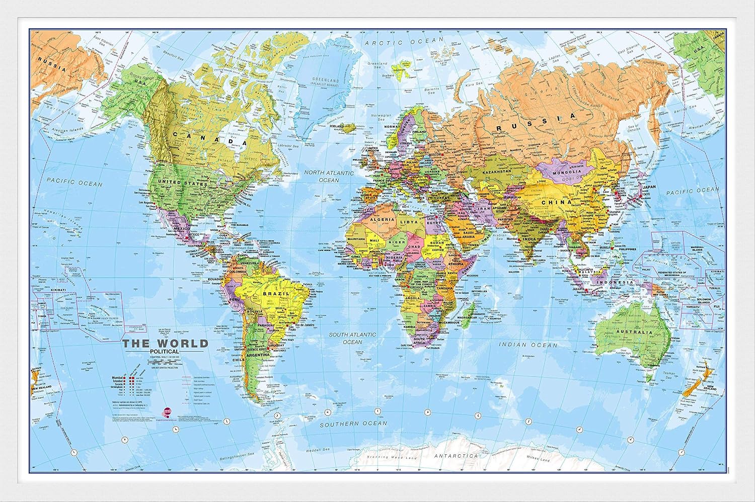 Maps International Small Political World Wall Map - Push Pin Board Mounted with White Wood Frame - 18 x 24