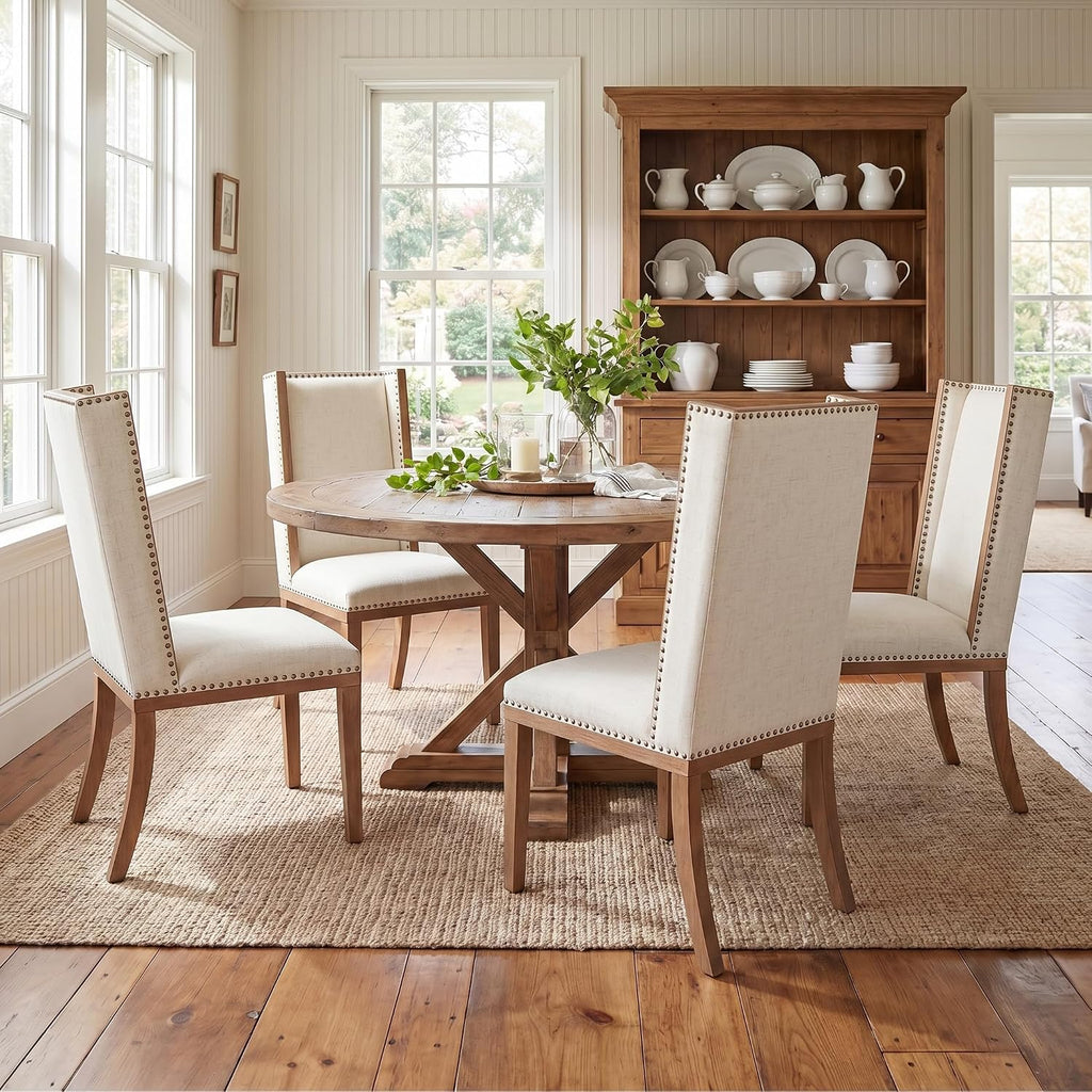 High Back Upholstered Dining Chairs Set of 4, Parsons Fabric Dining Room Chairs with Solid Wood Legs and Nailhead Trim, Farmhouse Wingback Side Chair for Kitchen/Dining Room, Beige