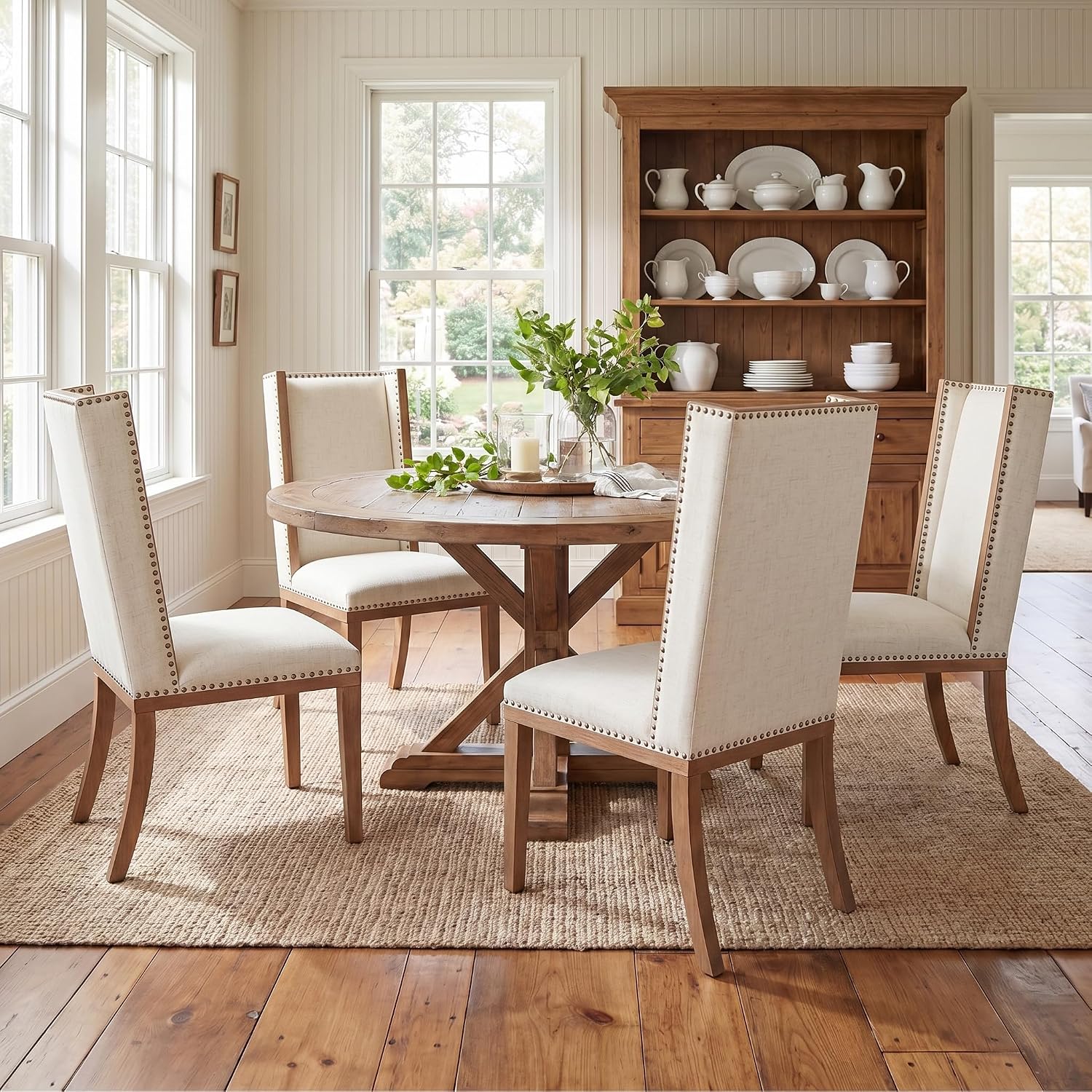 High Back Upholstered Dining Chairs Set of 4, Parsons Fabric Dining Room Chairs with Solid Wood Legs and Nailhead Trim, Farmhouse Wingback Side Chair for Kitchen/Dining Room, Beige