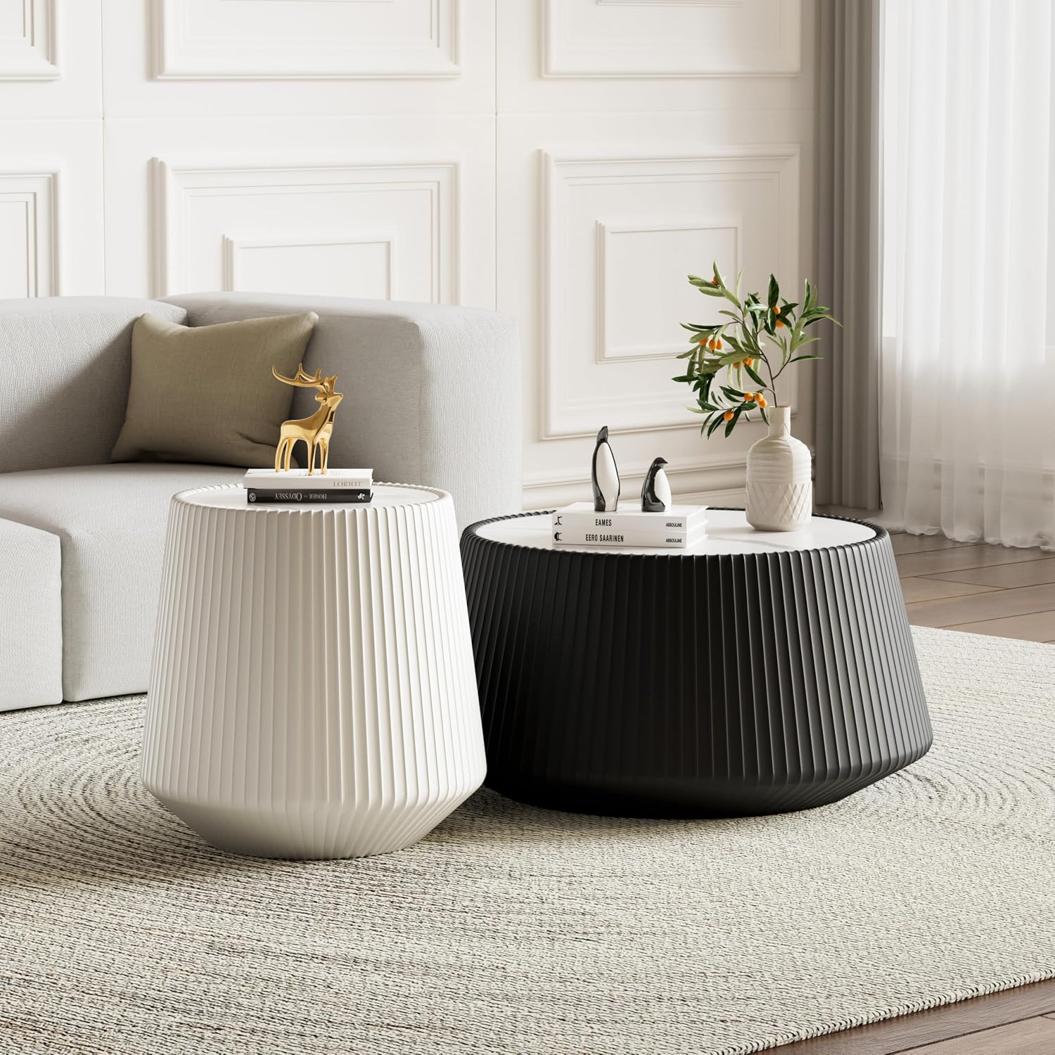 Round Living Room Table Set, 26.77' Black Drum Center Table and 19.68' White Coffee Table Set, 2 Pieces Coffee Table Set with Sintered Stone Tabletop, Fluted PU Leather Covered and Stable Base