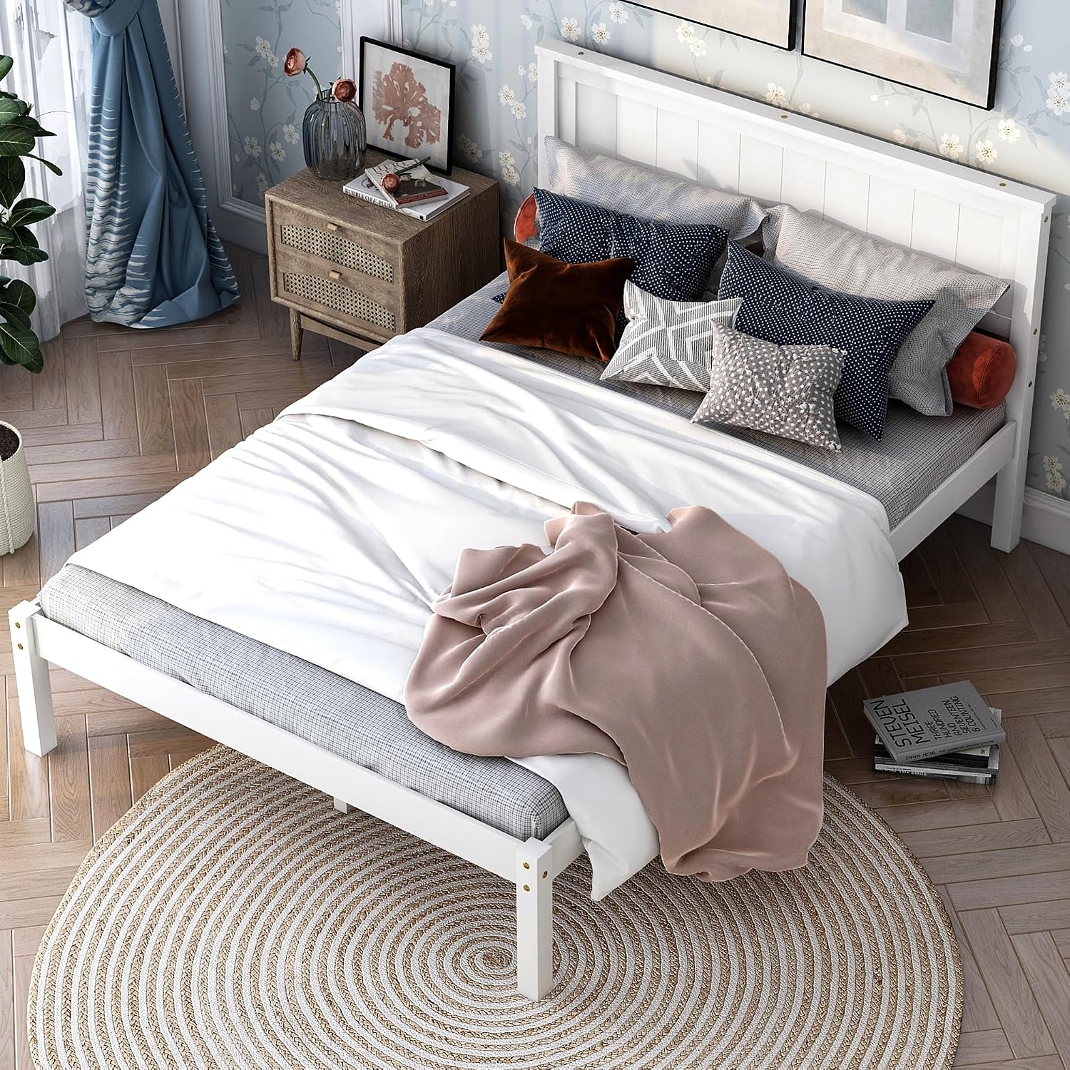 Wood Platform Bed, Bed Frame with Headboard, Wood Slat Support, No Box Spring Needed, Full, White