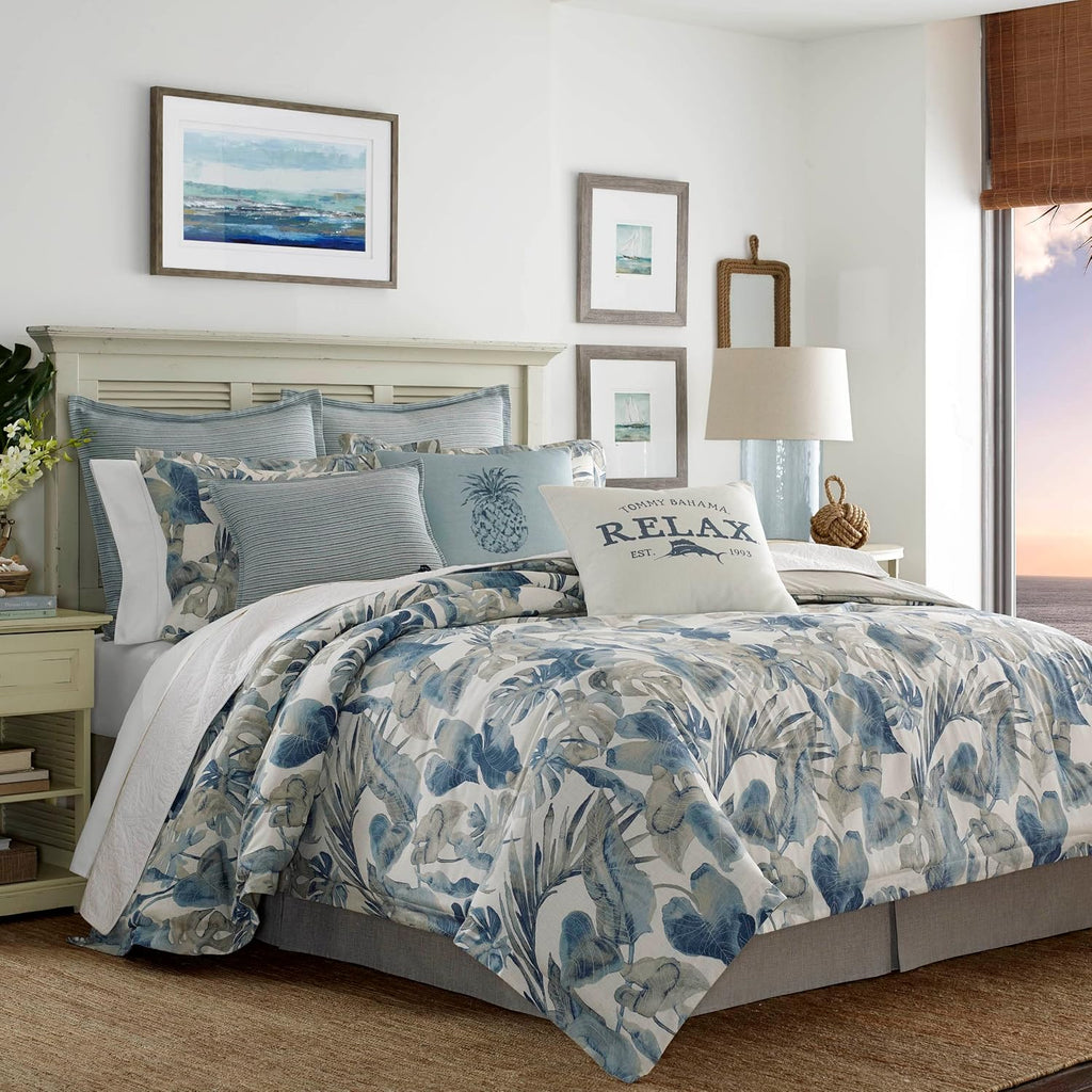 Tommy Bahama - Queen Comforter Set, Cotton Reversible Bedding with Matching Shams & Bedskirt, Super Soft Bedding Set (Raw Coast Blue, Queen)