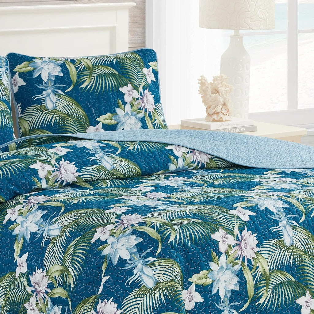 Tommy Bahama - King Quilt Set, Reversible Cotton Bedding with Matching Shams, Medium Weight, Oeko-Tex Certified (Southern Breeze Dark Blue)