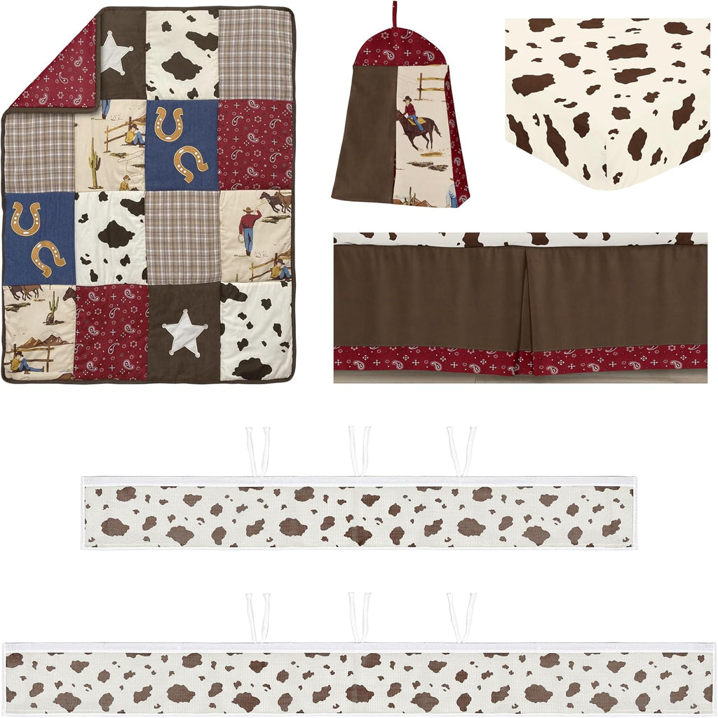Sweet Jojo Designs Tan Brown Western Cowboy Boy Girl Gender Neutral Baby Crib Bedding Set Infant Nursery Room BreathableBaby Breathable Mesh Crib Liner Blanket Fitted Sheet Skirt 6p Red Wild West Cow