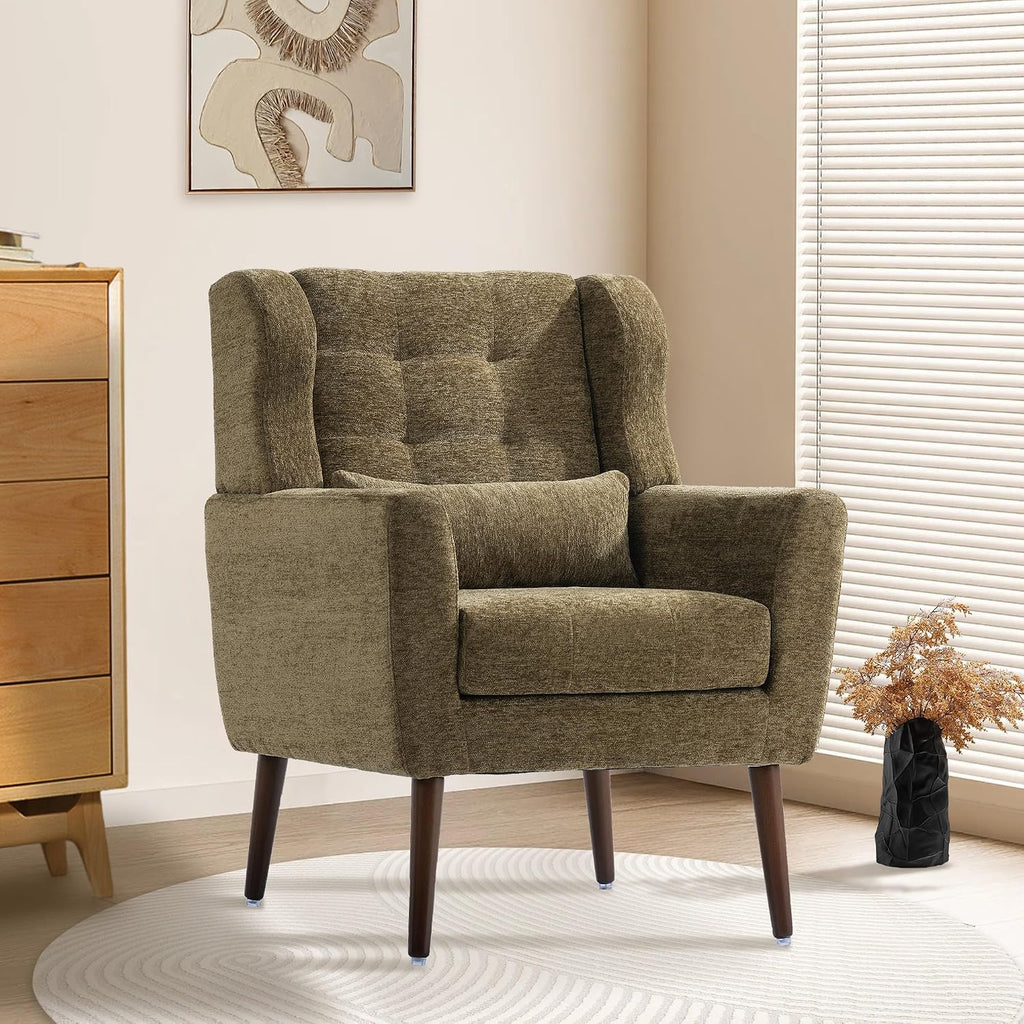 Modern Accent Chair, Upholstered Armchair with Pillow, Fabric Single Sofa Chair with Lounge Seat and Wood Legs Accent Chair for Living Room Bedroom Small Spaces (Avocado, Set of 1)