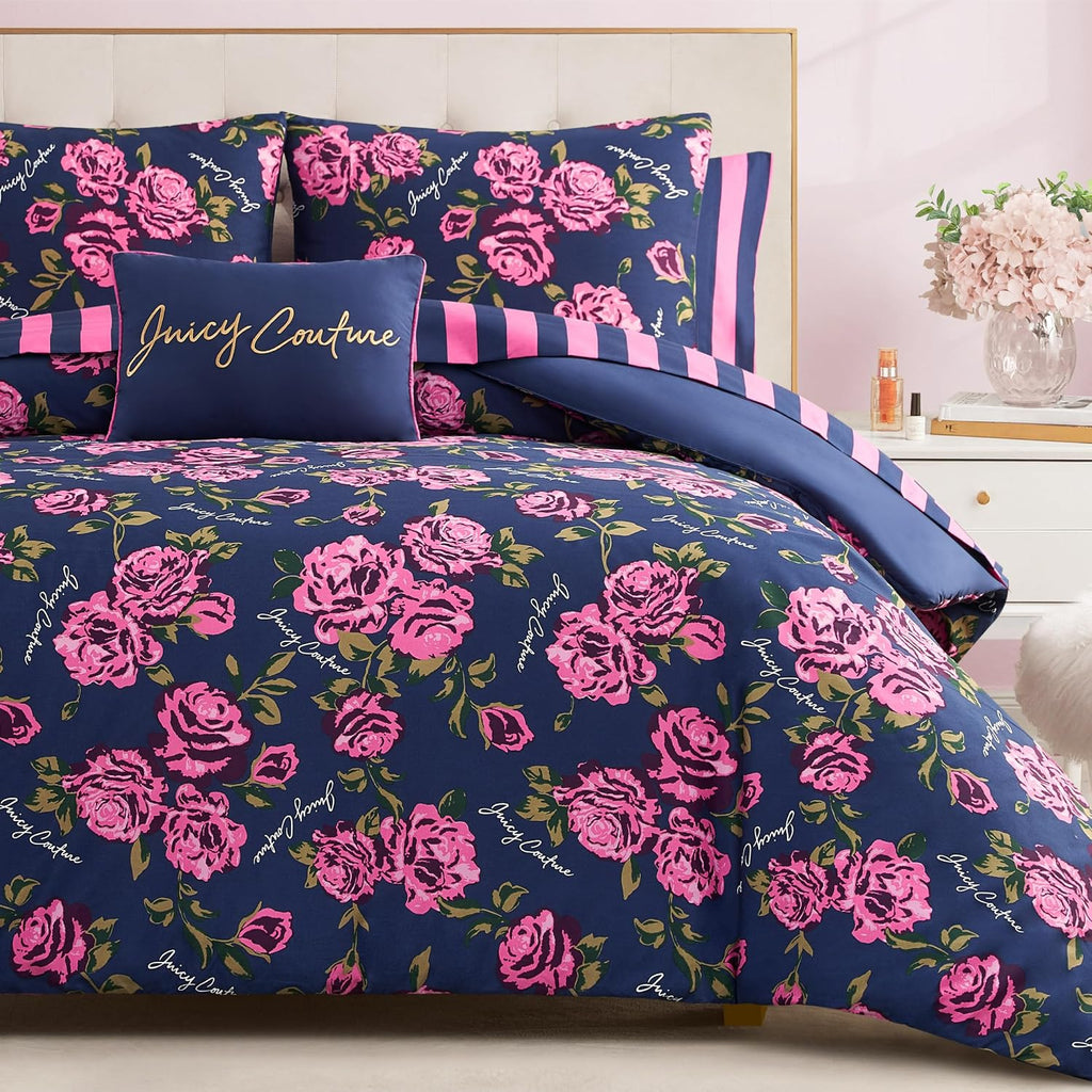 Juicy Couture Rose Logo Twin Comforter Set, Navy/Pink – 6-Piece Complete Bed in a Bag