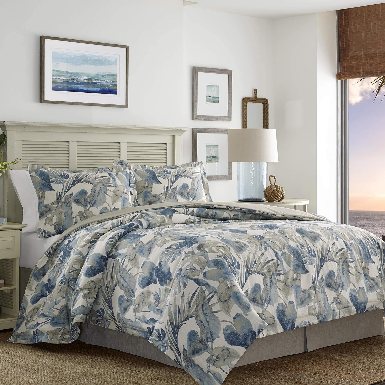 Tommy Bahama - Queen Comforter Set, Cotton Reversible Bedding with Matching Shams & Bedskirt, Super Soft Bedding Set (Raw Coast Blue, Queen)