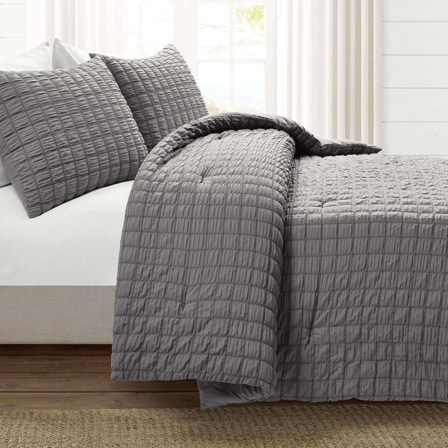 Lush Decor Crinkle Textured Dobby 3 Piece Comforter Set, King, Dark Gray