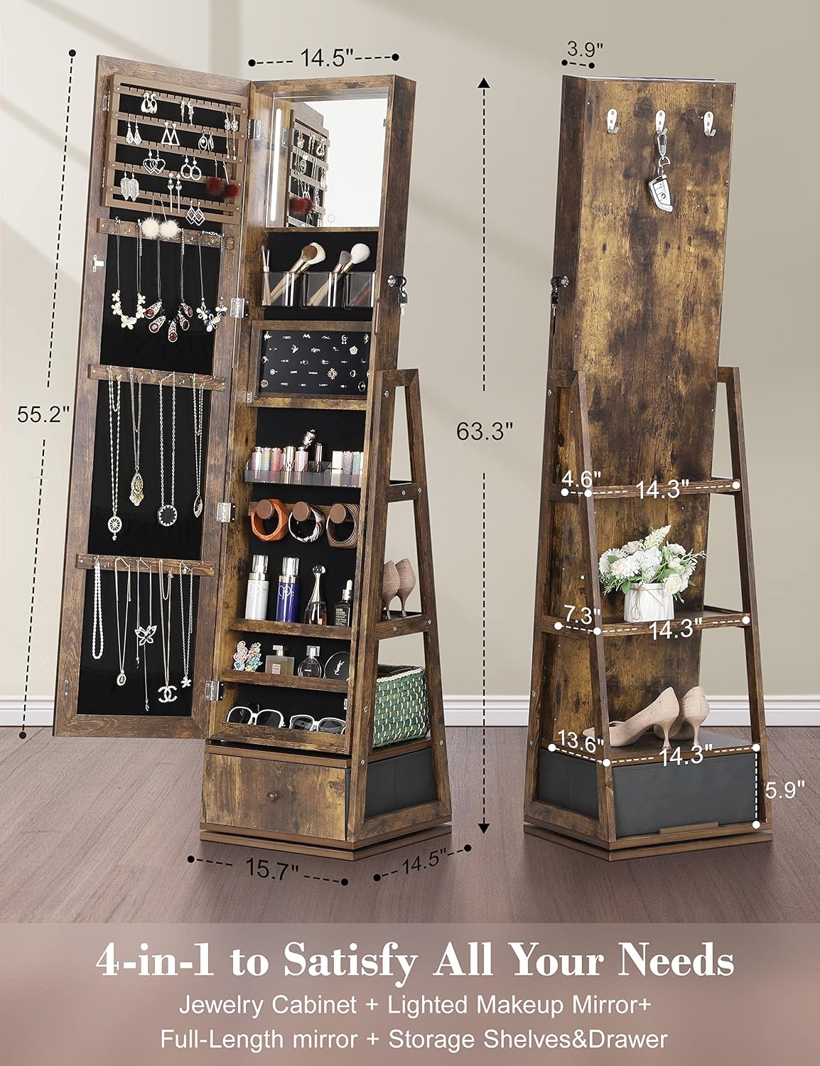 Nicetree 360° Swivel Jewelry Cabinet with Lights, Touch Screen Vanity Mirror, Rotatable Full Length Mirror with Jewelry Storage, Standing Jewelry Armoire Organizer, Gift Idea, Rustic Brown