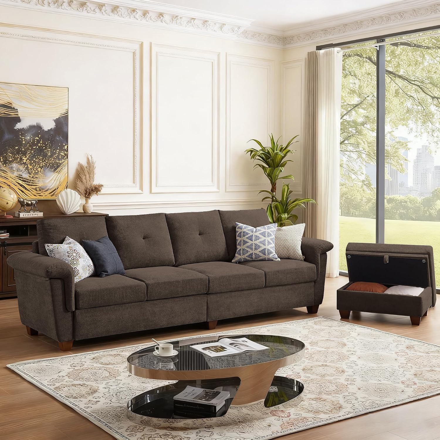 108' Sectional Sofa, Convertible L Shaped Sofa with Ottoman and Large Storage, 4 Seat Sectional Couch with Cup Holder, Couches for Living Room, Apartment, Office (Brown)