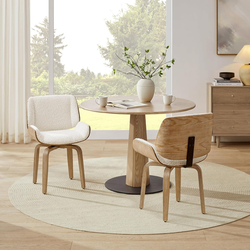 Zouron Swivel Dining Chair, Fabric Upholstered Dining Room Chair with Wood Legs, Mid Century Modern Armless Side Chair for Small Space Living Room Bedroom, 1 Pcs, Boucle Off White