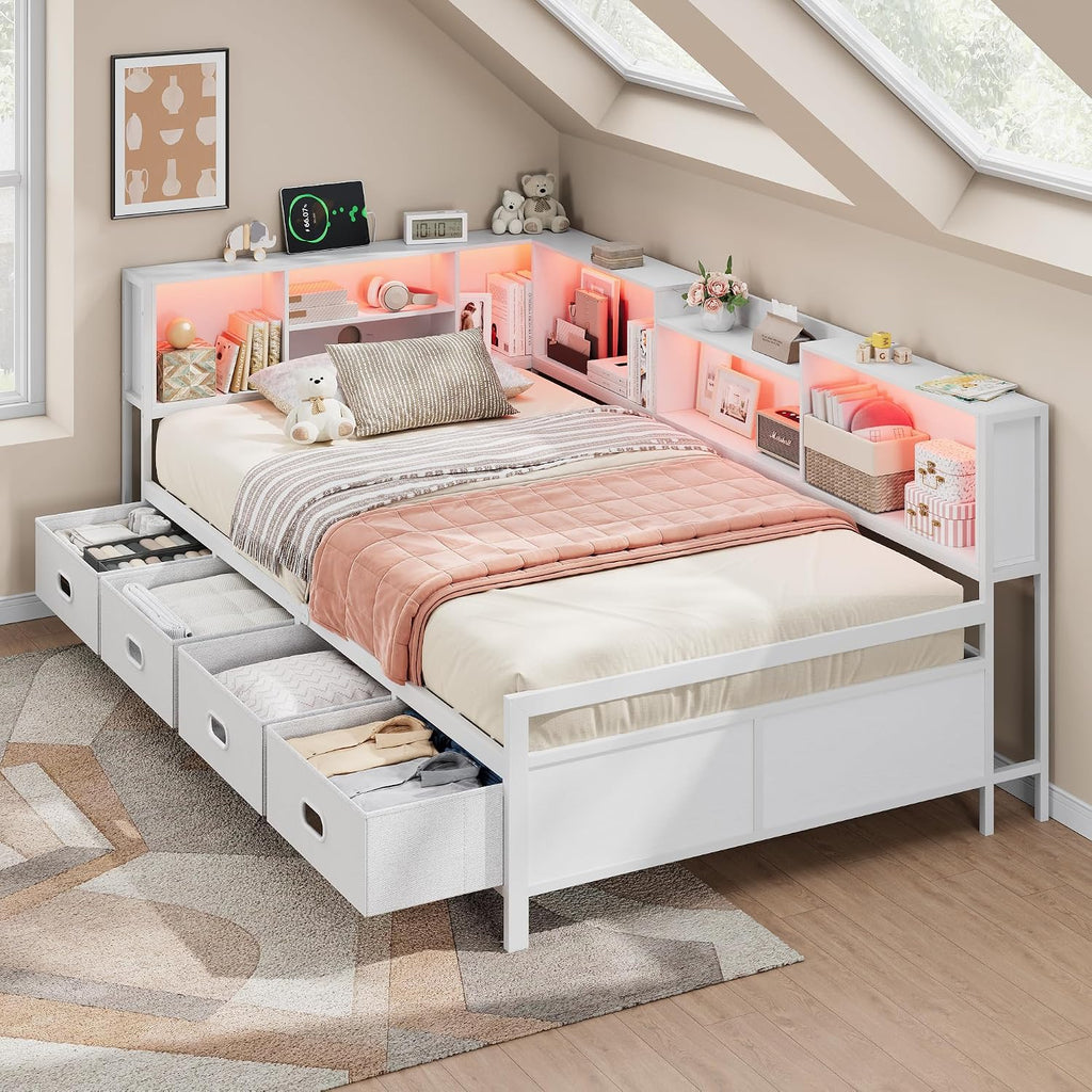 Twin Size Corner Bed Frame with 8 Bookcase Headboard & 4 Storage Drawers, Twin Metal Platform Bed with LED Light Strip & Charging Station, Twin Daybed for Kids Teens Guests,White