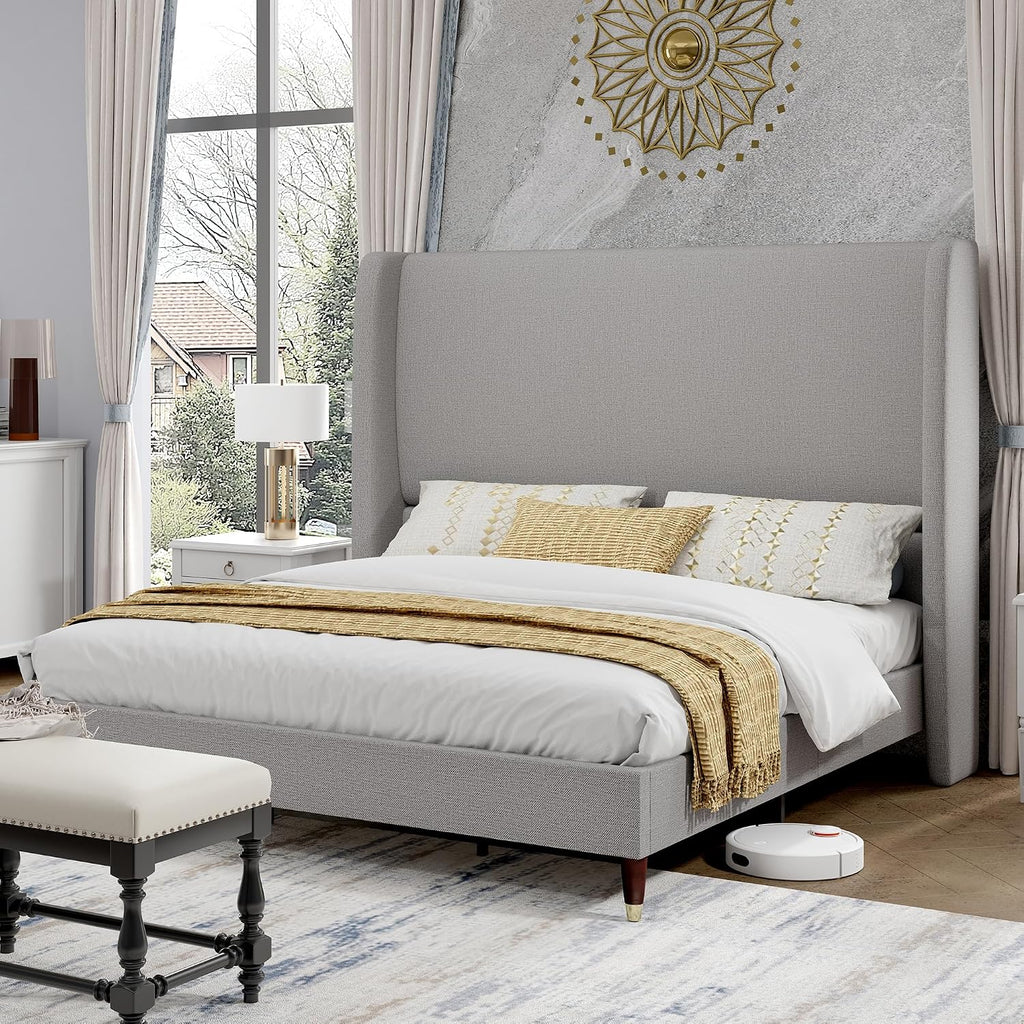 PaPaJet King Bed Frame with 51.2' Tall Wingback Headboard,Line Upholstered Platform Bed,Solid Wood Legs,No Box Spring Needed,Noise-Free&Easy Assembly,for Master Bedroom & Luxury Home,Light Grey