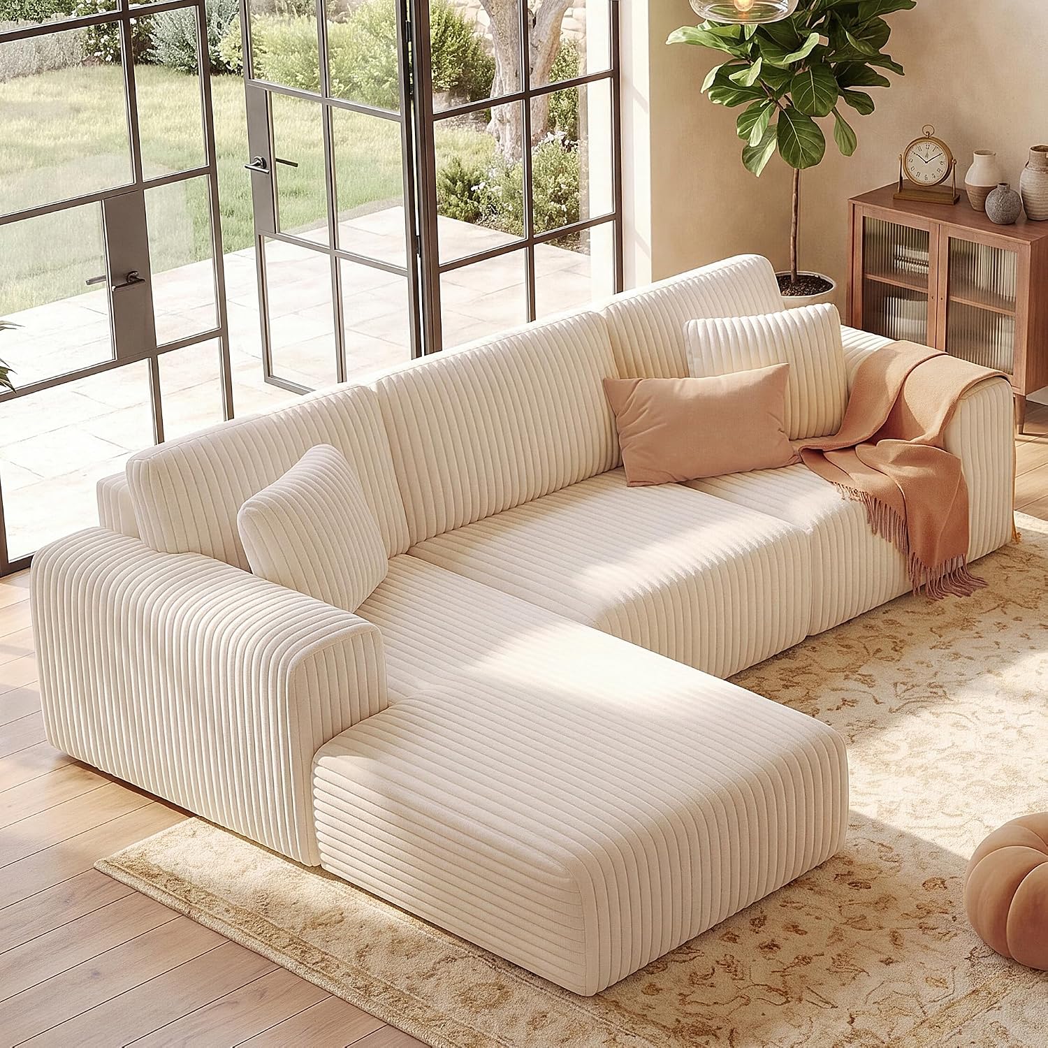 GRUSIGN 107'' Cloud Sectional Boneless Couches for Living Room, Modular L Shaped Couch with Deep Seat Oversized Left Facing Chaise, Memory Foam Compressed Spineless 3 Seater Sofa, Wide-Striped Beige