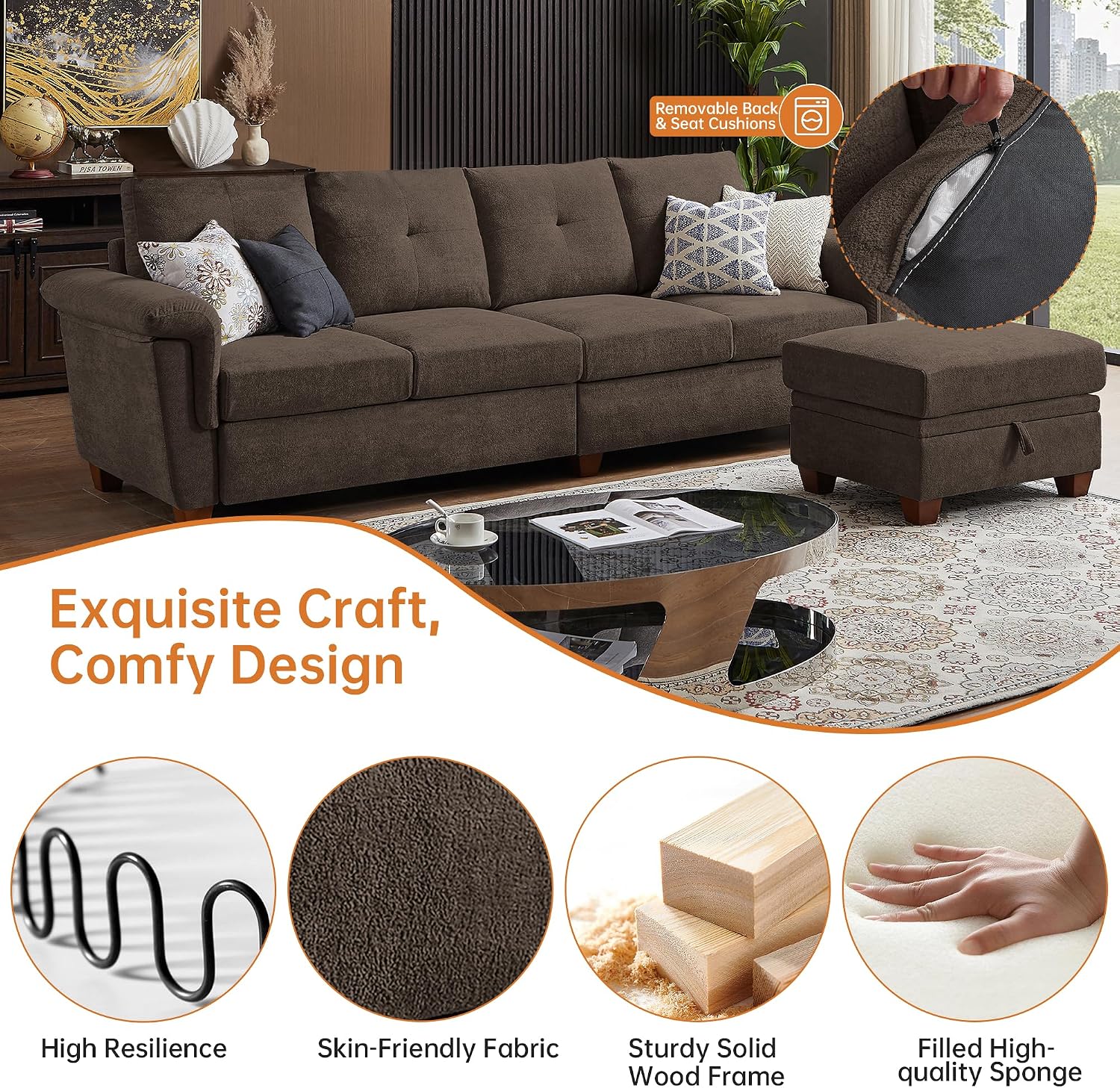 108' Sectional Sofa, Convertible L Shaped Sofa with Ottoman and Large Storage, 4 Seat Sectional Couch with Cup Holder, Couches for Living Room, Apartment, Office (Brown)