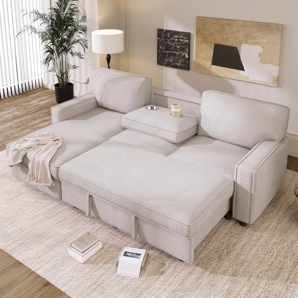 Merax 89' L-Shaped Sleeper Sofa Bed with Pull Out Bed & Reversible Chaise, Sleeper Sofa Couch with Storage Space, USB Port, and 2 Cup Holders on Back Cushions for Living Room Furniture Set, Beige