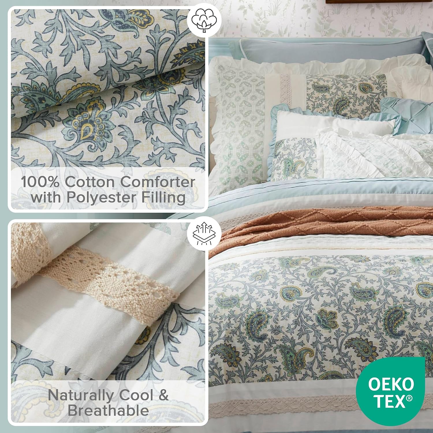Madison Park Dawn 100% Cotton Shabby Chic Comforter Set-Modern Cottage Design All Season Down Alternative Bedding, Matching Shams, Bedskirt, Decorative Pillows, Cal King(104'x92'), Aqua 9 Piece