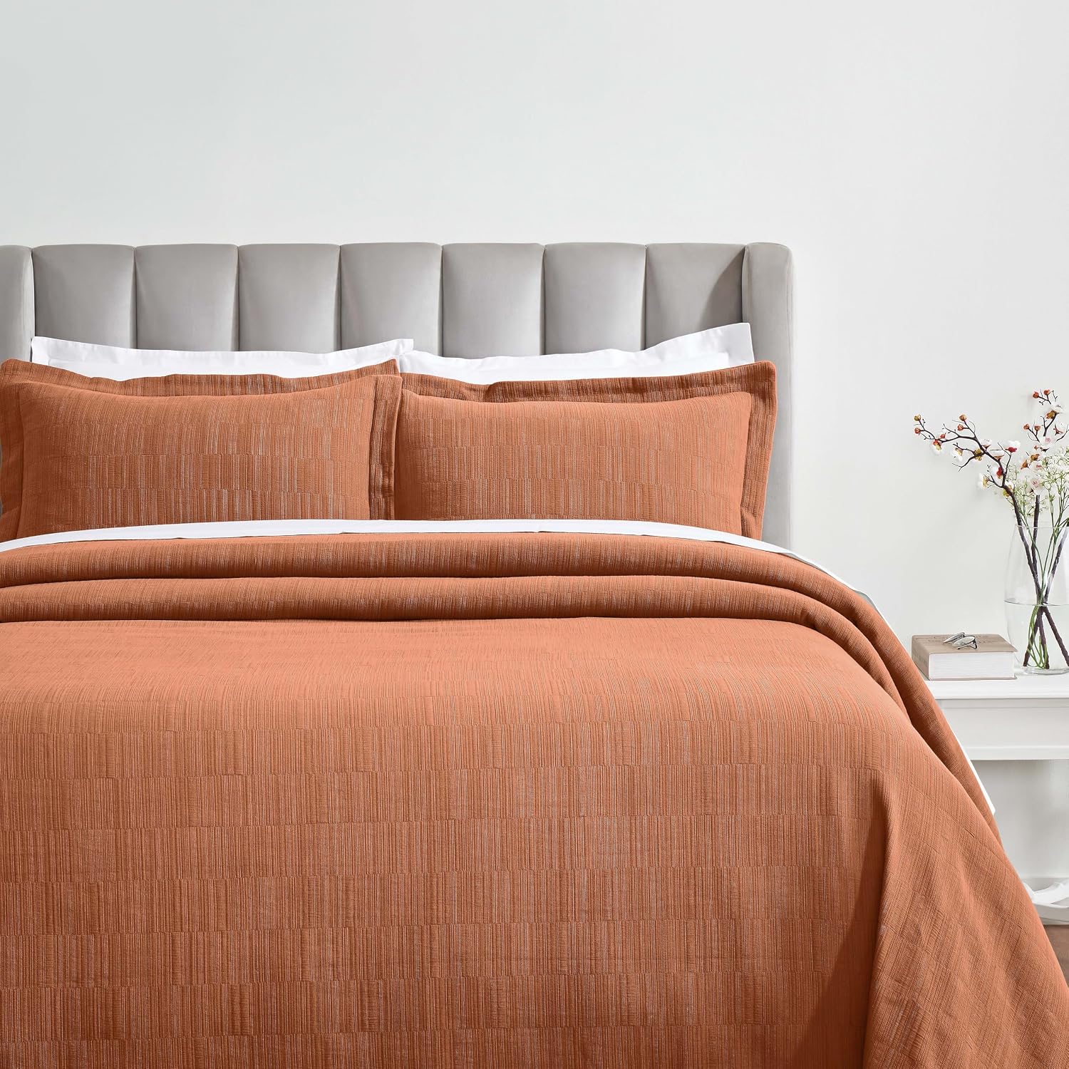 Superior 3 Piece Cotton Bedspread and Sham Set, Home Bed Decor, Decorative Bed Spread, 2 Pillow Shams, Medium Weight, Matelasse Coverlet, Bedding Essentials, Zenith Collection, Queen, Burnt Orange