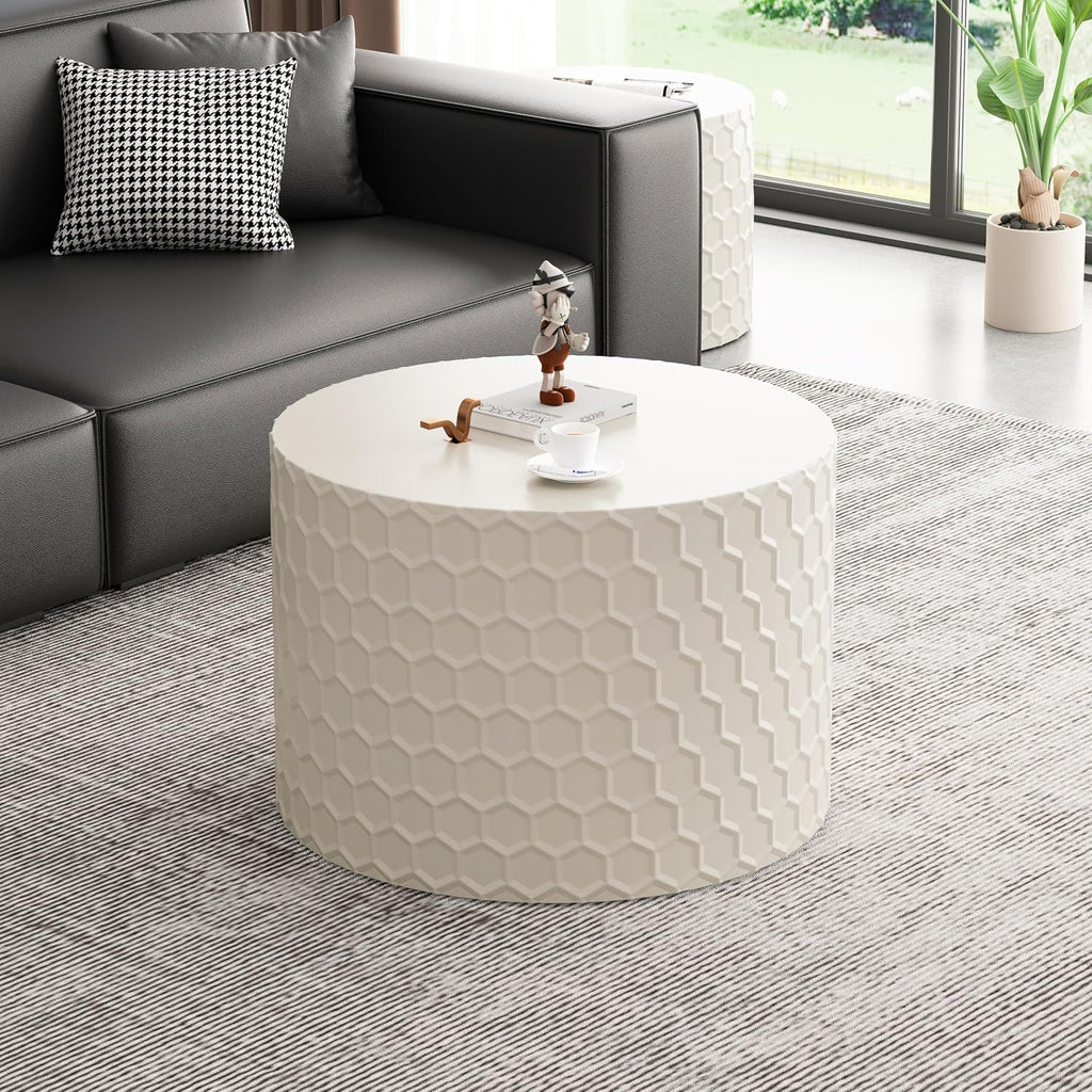Round Nesting Coffee Table Set of 2, Modern Circular Side Table Set with Honeycomb Design, 2 Piece Nesting End Table Accent Tables Coffee Table for Living Room Bedroom Apartment - Beige