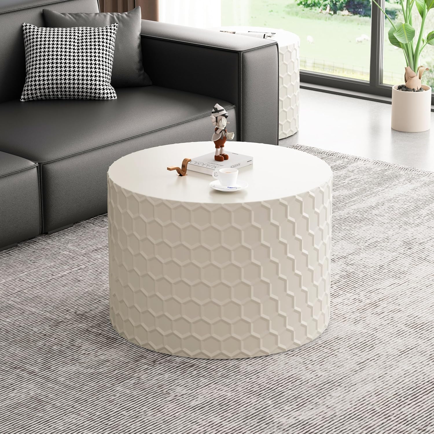 Round Nesting Coffee Table Set of 2, Modern Circular Side Table Set with Honeycomb Design, 2 Piece Nesting End Table Accent Tables Coffee Table for Living Room Bedroom Apartment - Beige