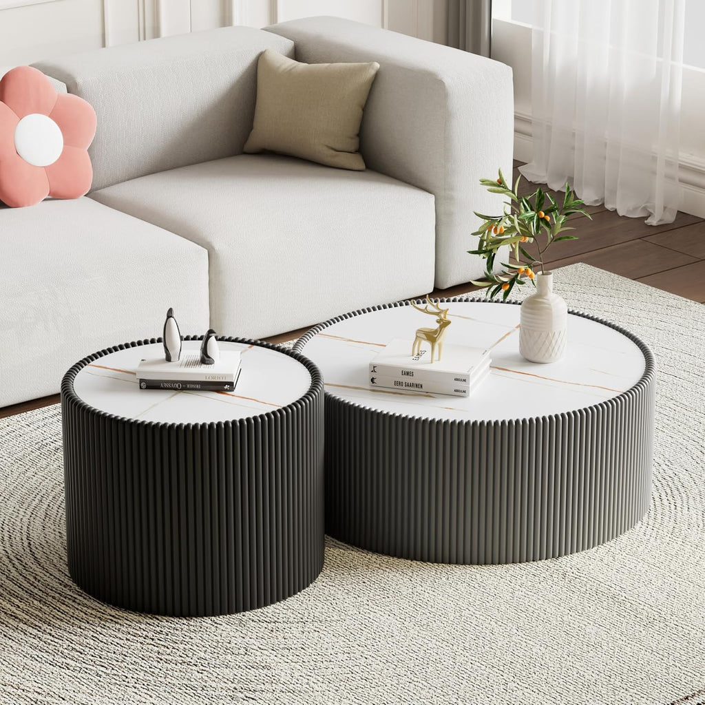 Round Living Room Table Set, 29.52' Grey Drum Center Table and 17.71' Black Coffee Table Set, 2 Pieces Coffee Table Set with Sintered Stone Tabletop, Fluted PU Leather Covered and StableBase