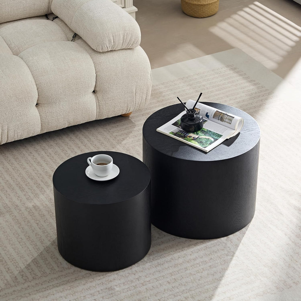 Black Round Nesting Coffee Table Set of 2, Modern Wood Side Table Full Assembly for Small Space Living Room Apartment - Black