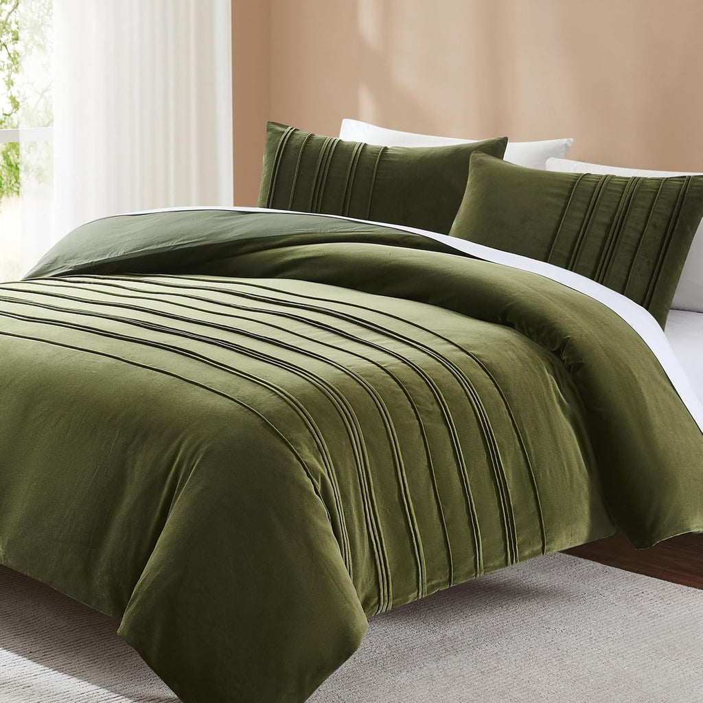 Lush Decor x Chuks Collins Pleated Groove Velvet Duvet Cover 3 Piece Set Queen Green - Velvet Bedding Set - Duvet Cover Queen - Green Duvet - Luxury Bedding