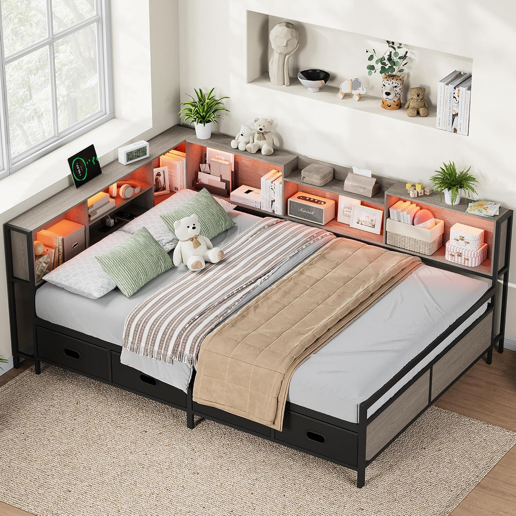 Full Size Corner Bed Frame with LED Lights, Charging Station & 8-Bookcase Headboard, Metal Platform Corner Bed with 4 Storage Drawers, Full Daybed for Kids Teens Guests, Gray