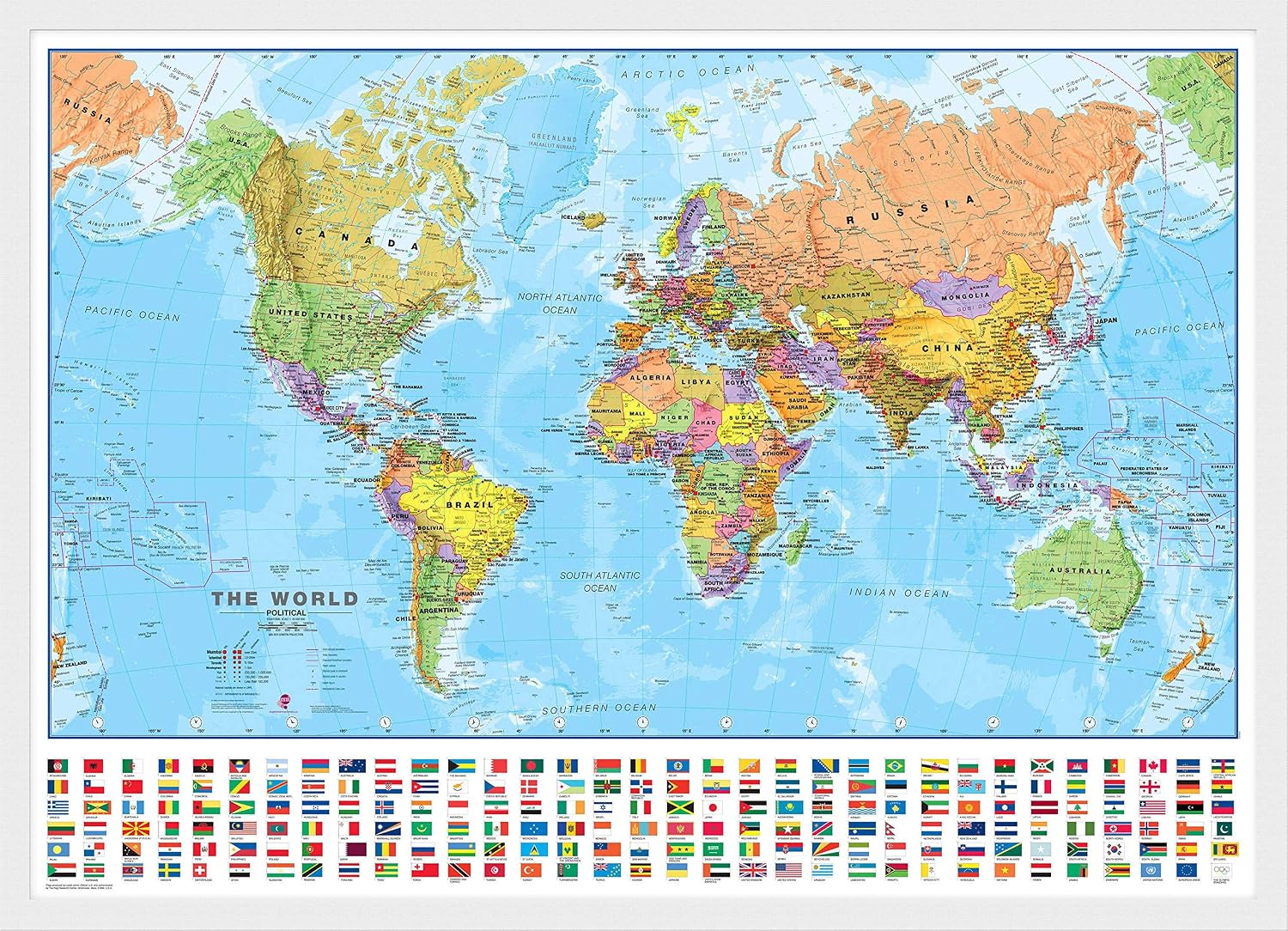 Maps International Medium Political World Wall Map with Flags - Push Pin Board Mounted with White Wood Frame - 24 x 36