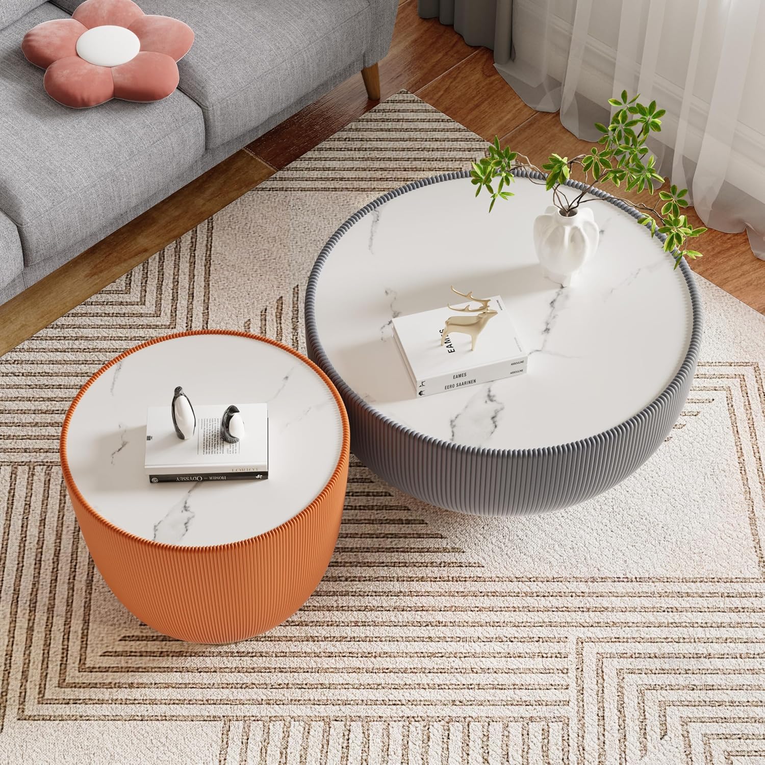 Round Living Room Table Set, 27.56' Grey Drum Center Table and 19.69' Orange Coffee Table Set, 2 Pieces Coffee Table Set with Sintered Stone Tabletop, Fluted PU Leather Covered and Metal Base