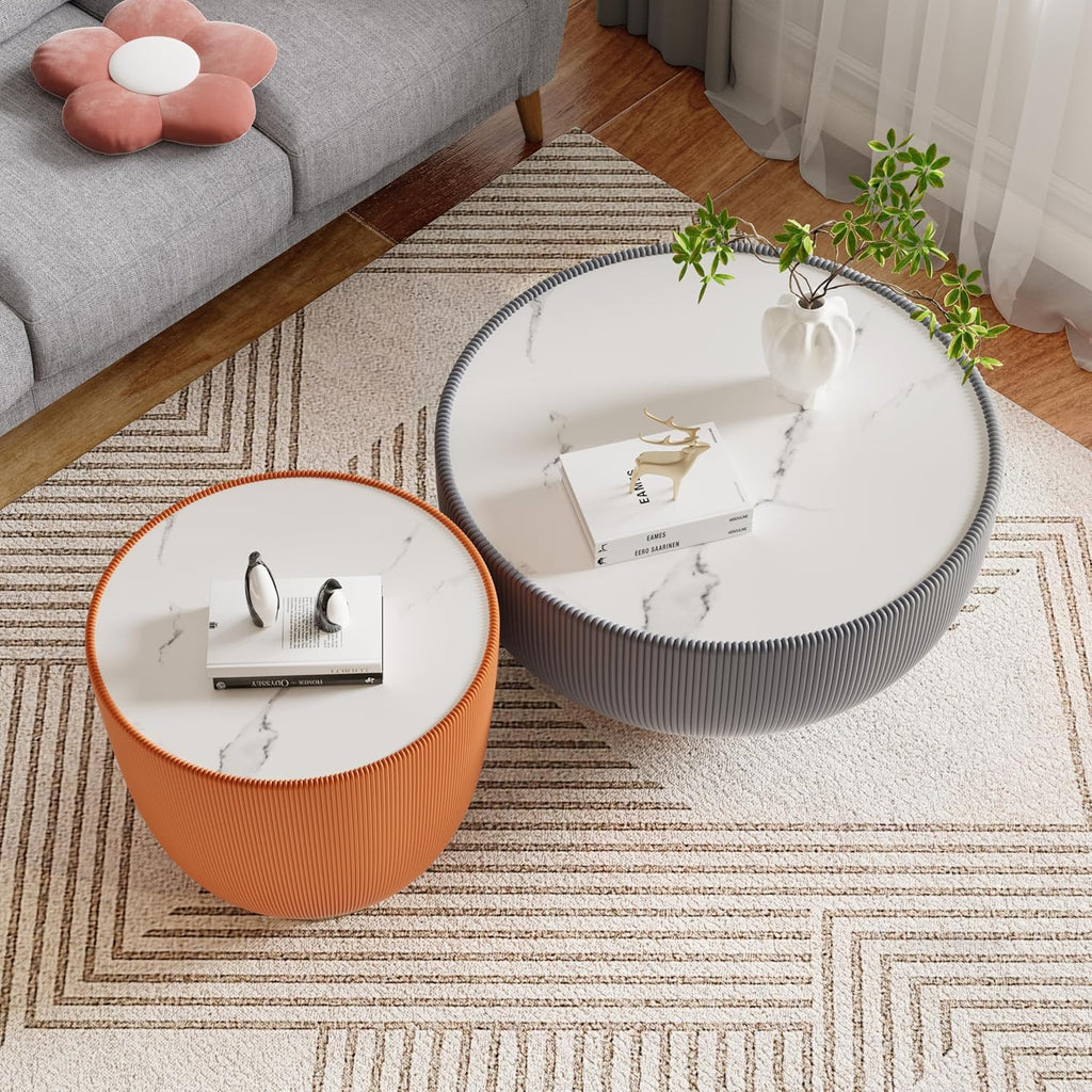 Round Coffee Table Set, 27.56' Grey Drum Center Table and 19.69' Orange Coffee Table Set, 2 Pieces Living Room Table Set with Sintered Stone Tabletop,Fluted PU Leather Covered and Metal Base