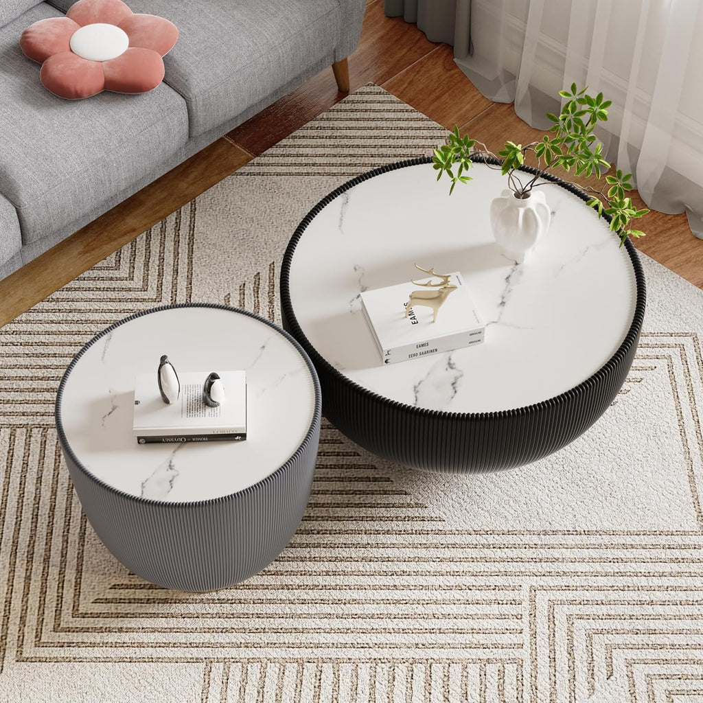 Round Coffee Table Set, 27.56' Black Drum Center Table and 19.69' Grey Coffee Table Set, 2 Pieces Living Room Table Set with Sintered Stone Tabletop, Fluted PU Leather Covered and Metal Base