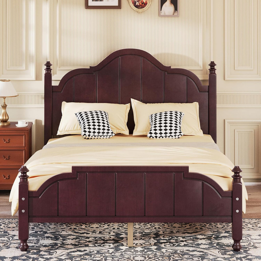 Full Size Platform Bed with Wide Headboard, Vintage Full Wooden Bed Frame with Durable Slats Support for Bedroom, Up to 650lbs, No Box Spring Needed, Easy Assembly (Espresso2, Full)